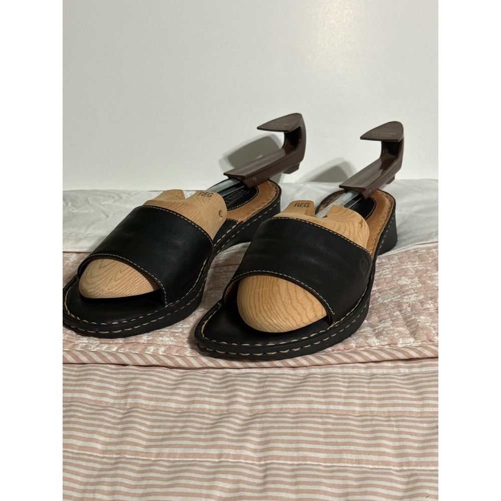 Born Womens Black Leather Slide Sandals Open Toe Low Wedge Size 10